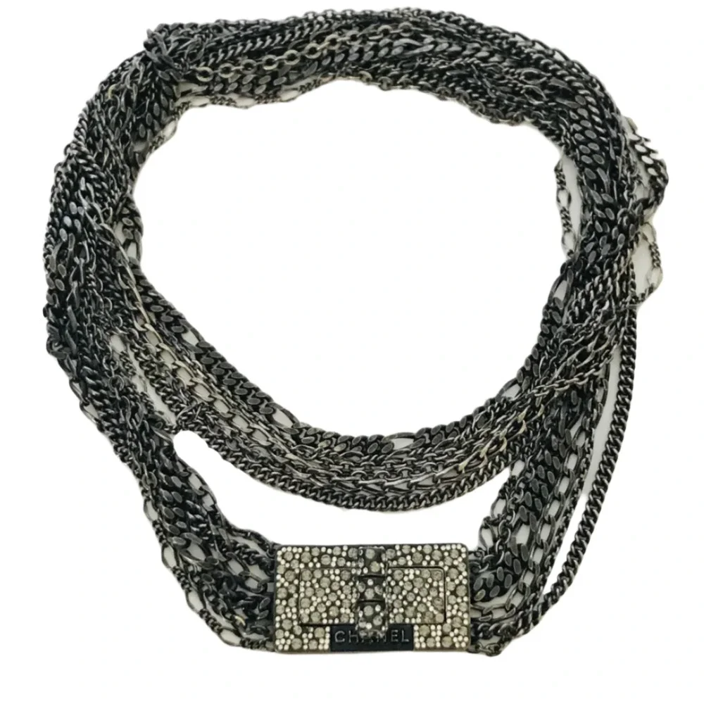 Chanel Multi Strand Gunmetal-Silver Crystal Reissue Lock Necklace